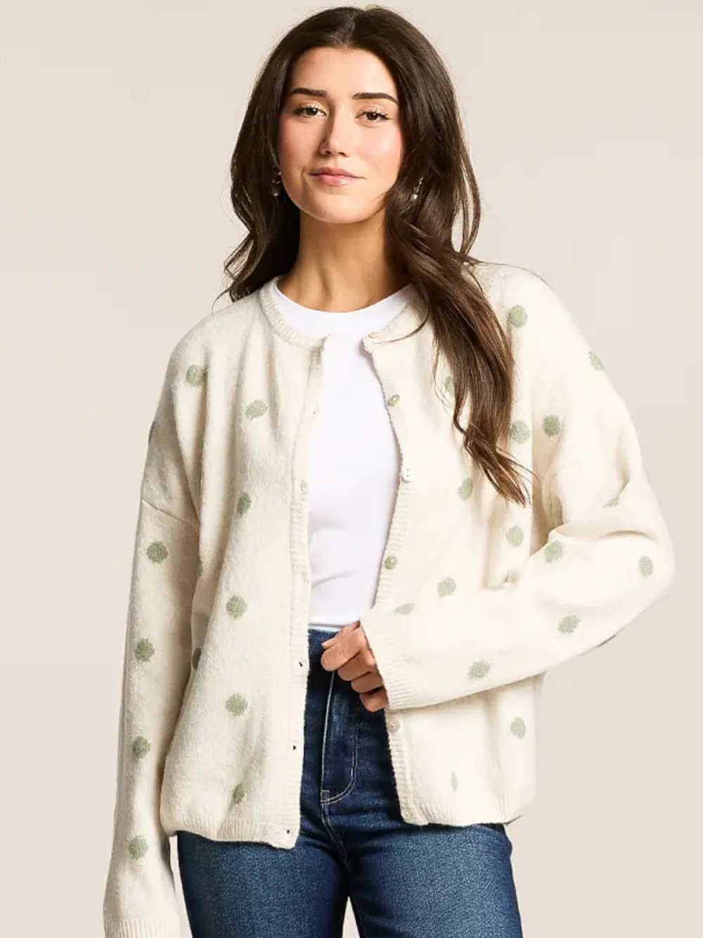 Le Lis Cream Polka Dot Button-Front Sweater Cardigan
